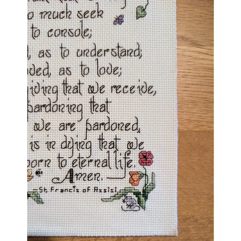 Vtg Prayer of Saint Francis Handmade CrossStitch Sampler Unframed Cardboard Back